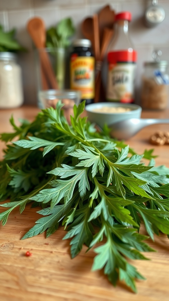 A bunch of fresh curry leaves on a kitchen countertop