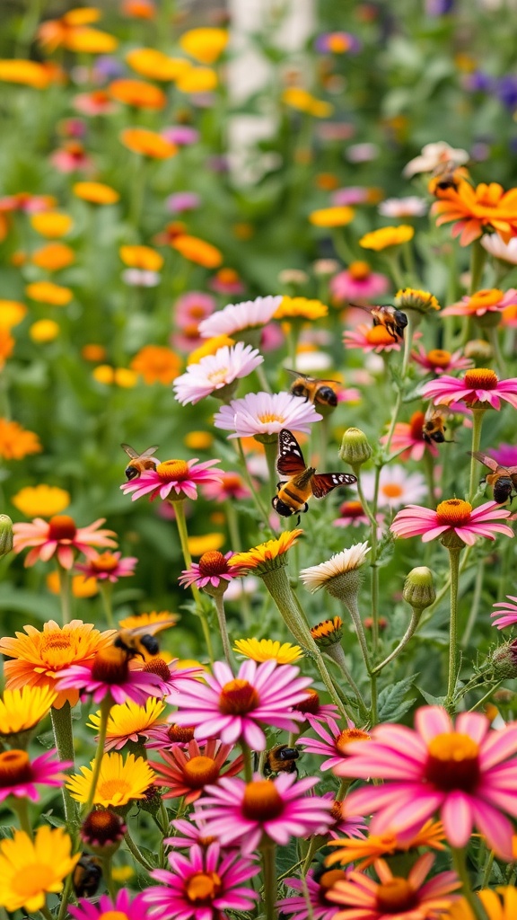 A colorful array of flowers with butterflies and bees, showcasing a vibrant pollinator garden.