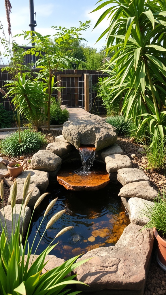 A beautifully designed pond with floating leaves and fish, surrounded by vibrant plants.