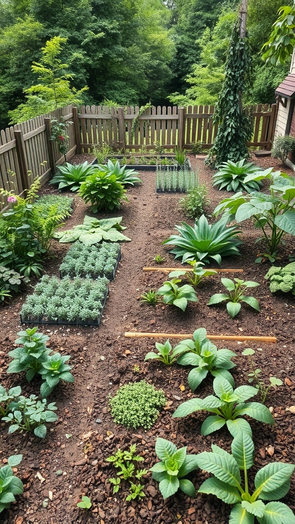 A well-structured permaculture garden with various plants and clear pathways.