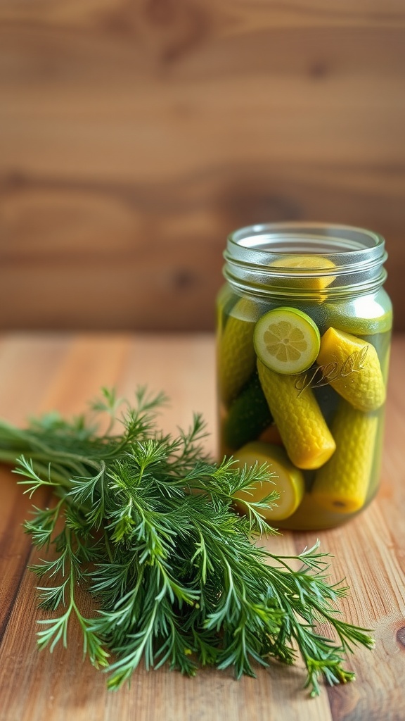 Fresh dill beside a jar of pickles on a wooden surface.