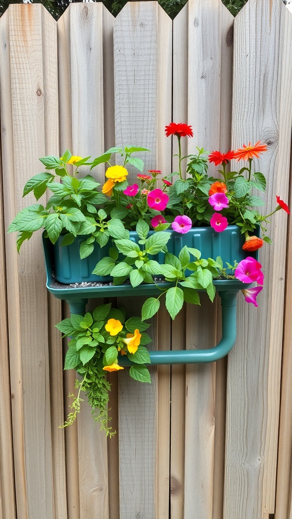 A vertical garden made from repurposed gutters filled with colorful flowers.