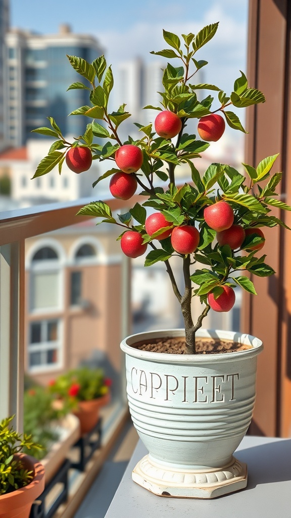 A dwarf apple tree in a container with red apples.