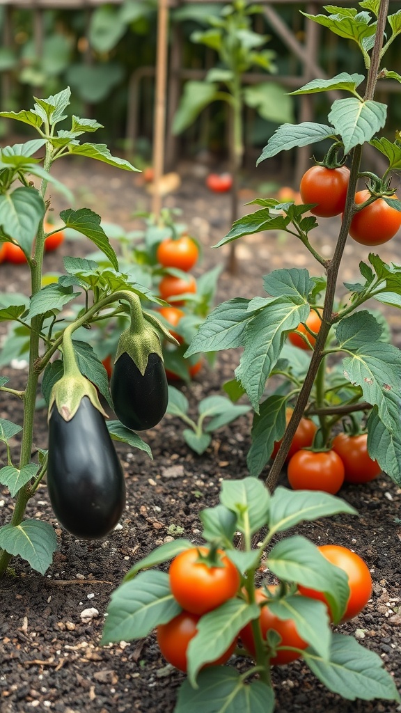 A garden featuring eggplants and tomato plants growing together.