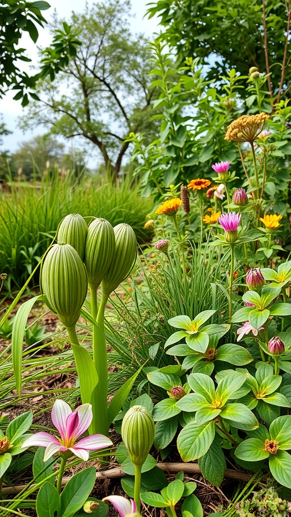 A vibrant permaculture garden featuring native plants with green buds and colorful flowers.