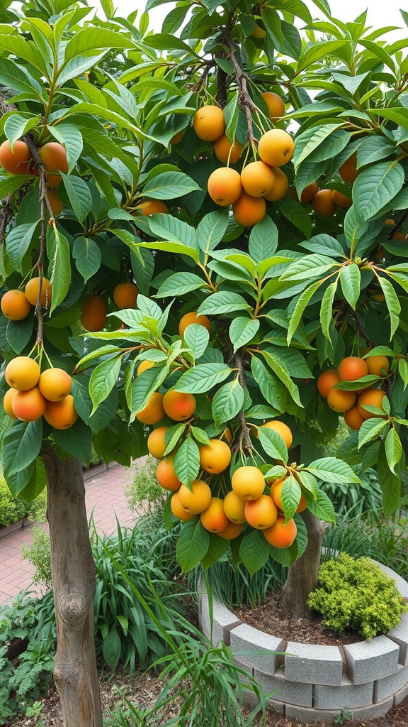 A colorful garden featuring fruit trees and vibrant plants.