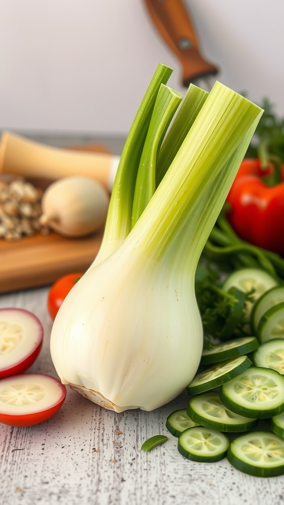 Fresh fennel bulb with green stalks, surrounded by sliced cucumbers and tomatoes on a kitchen counter.