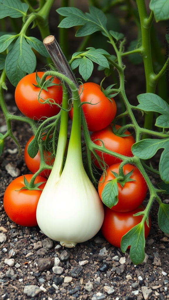 A bulb of fennel surrounded by red tomatoes growing on green plants