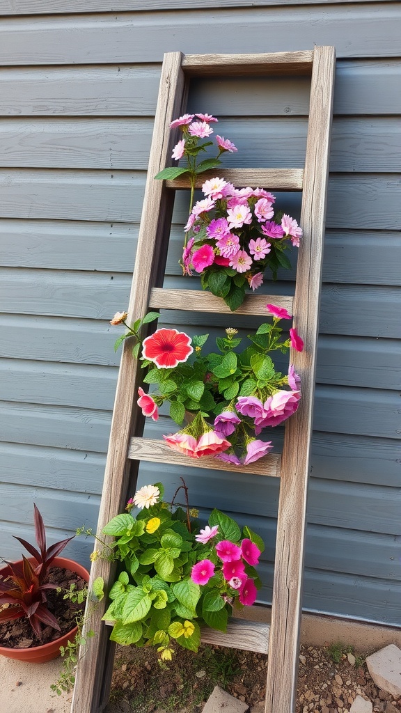 A wooden ladder decorated with colorful flower pots.