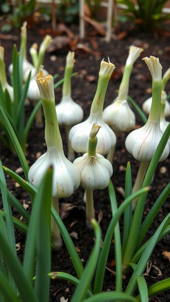 Close-up of growing garlic bulbs in a garden.