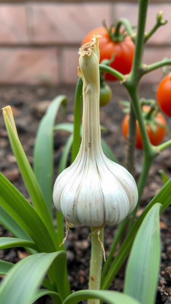 Garlic and tomatoes growing together in a garden