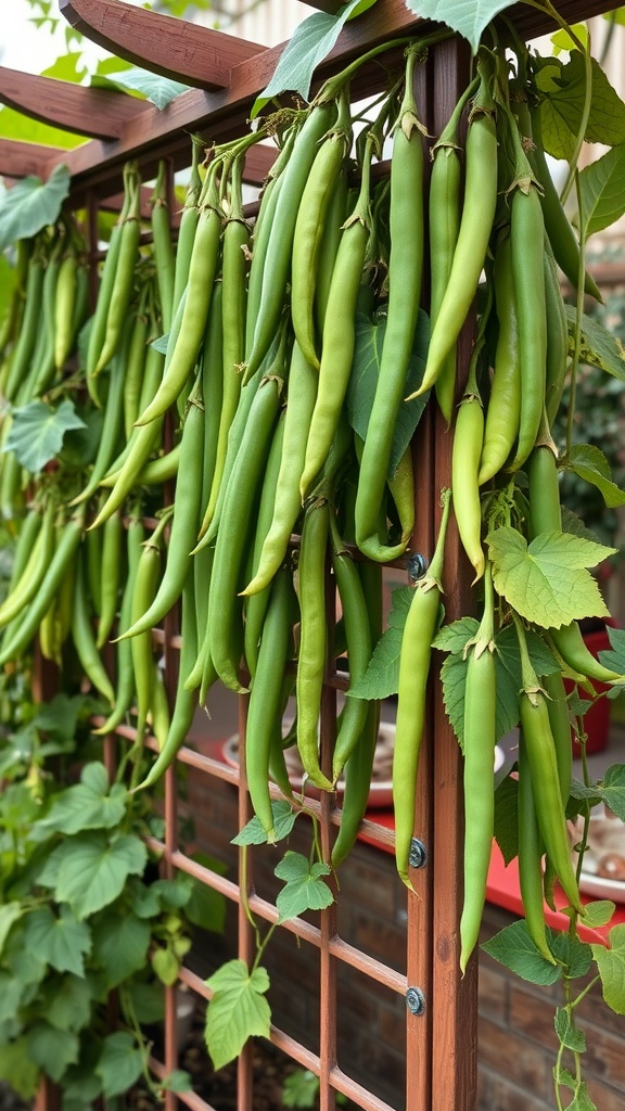 Fresh green beans growing on a wooden trellis.