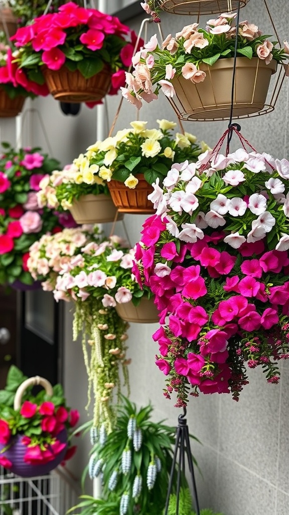 Vibrant hanging baskets with pink, yellow, and white flowers, enhancing a small space.