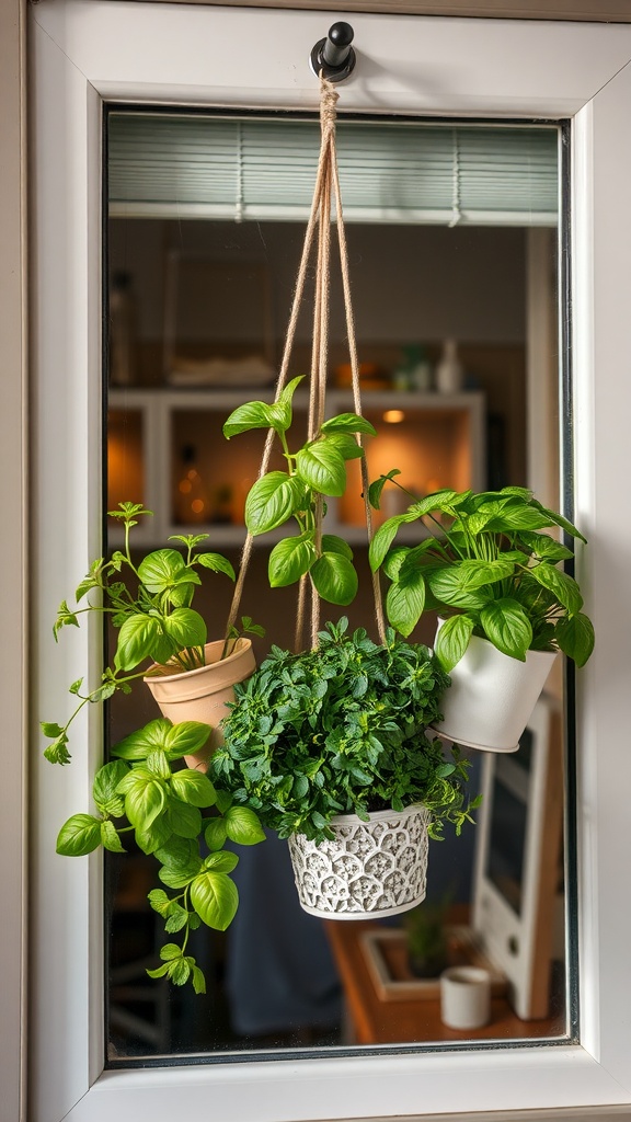 A collection of potted herbs hanging by a window.