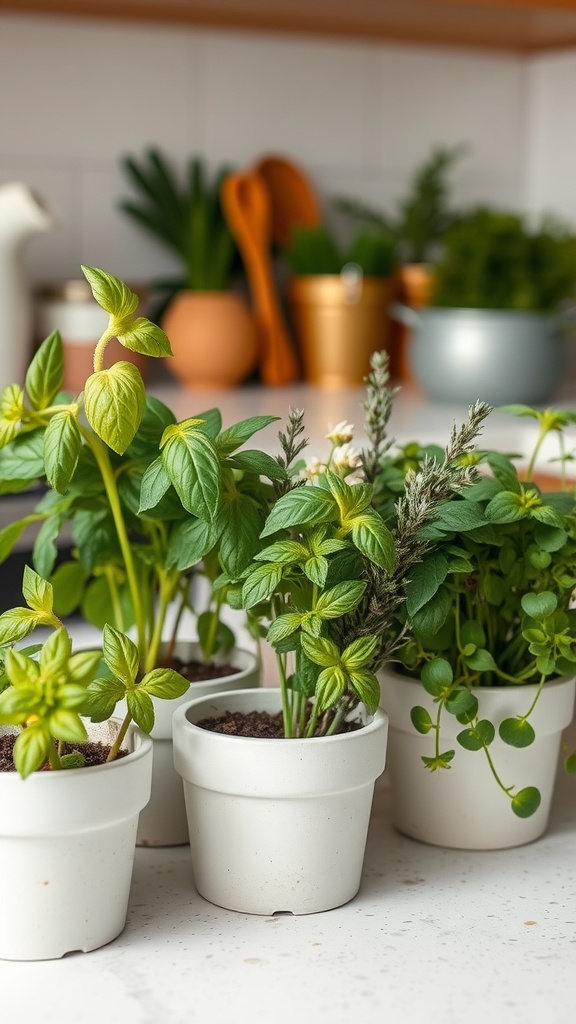 Small herb pots on a kitchen counter with green plants.