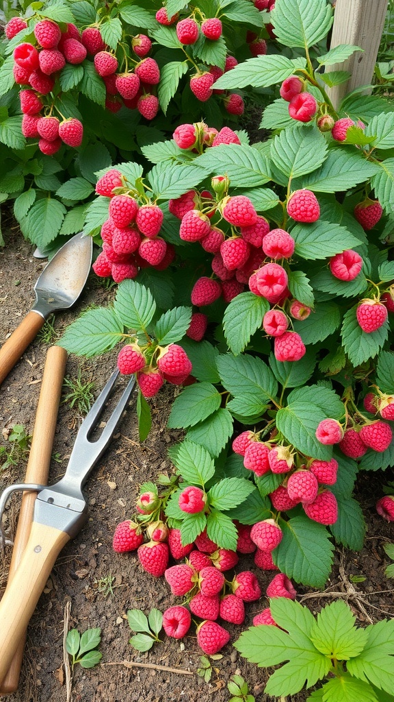 A close-up of vibrant, ripe raspberries growing on a bush, surrounded by green leaves and gardening tools.