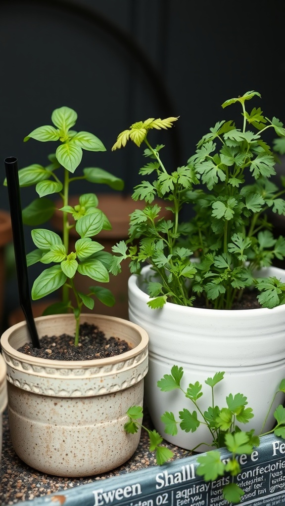 A close-up of basil and cilantro plants in pots, showcasing their fresh green leaves.