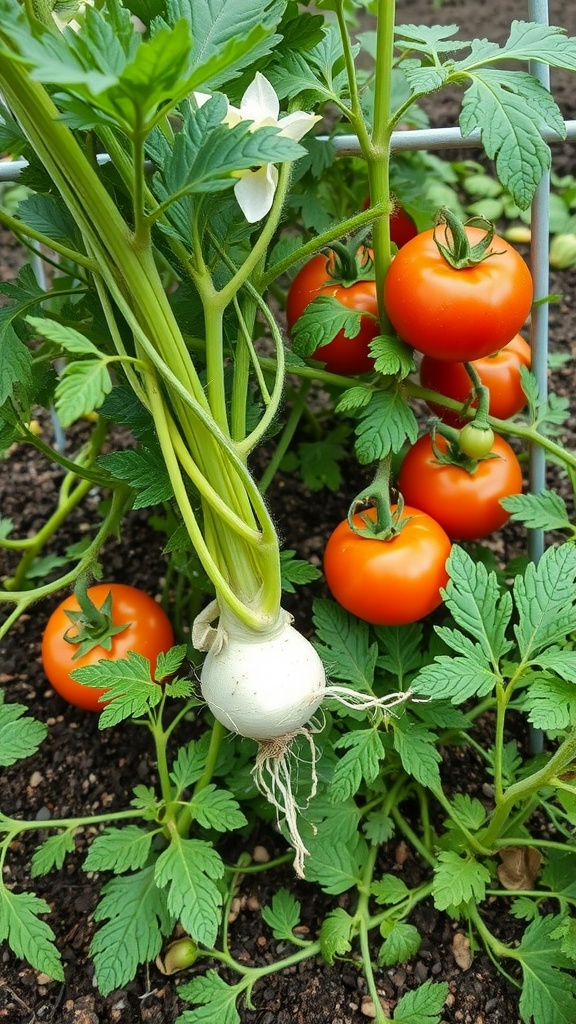 A garden scene featuring ripe tomatoes and a horseradish plant growing beside them.