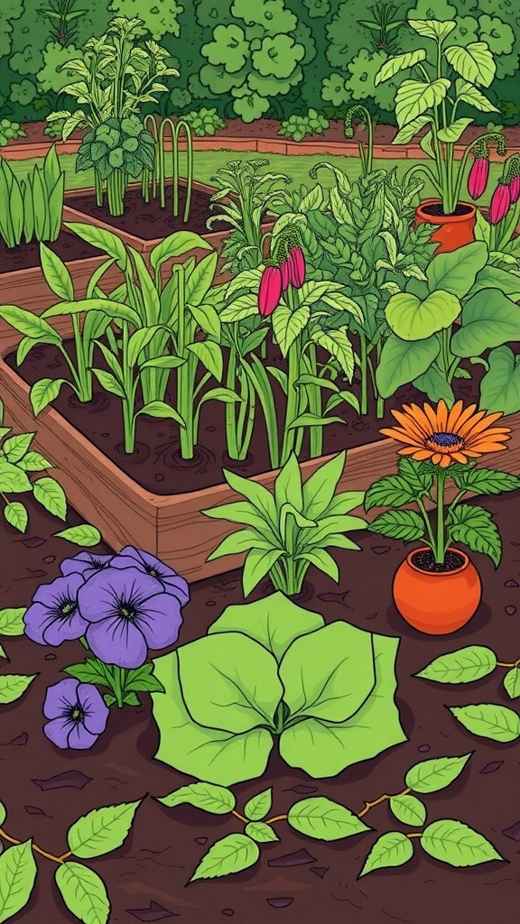 An illustration of a companion planting garden with various plants growing together.