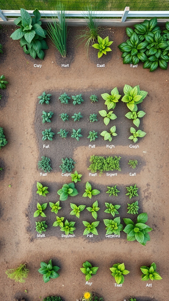 Aerial view of a permaculture garden showcasing labeled rows of various herbs and leafy greens arranged for crop rotation.