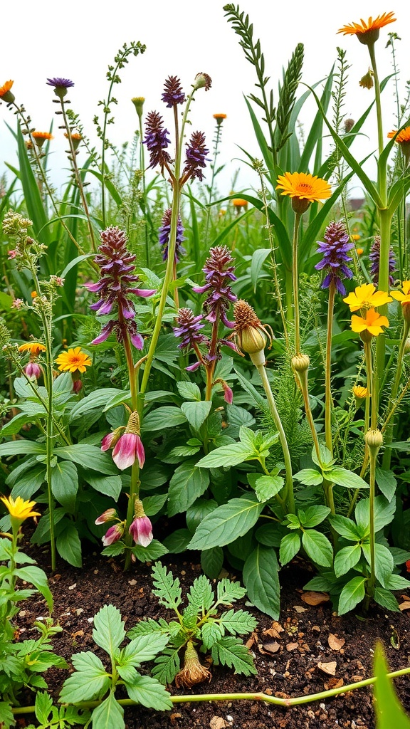 A vibrant garden with various herbs and flowers, showcasing their beauty and functionality in permaculture.