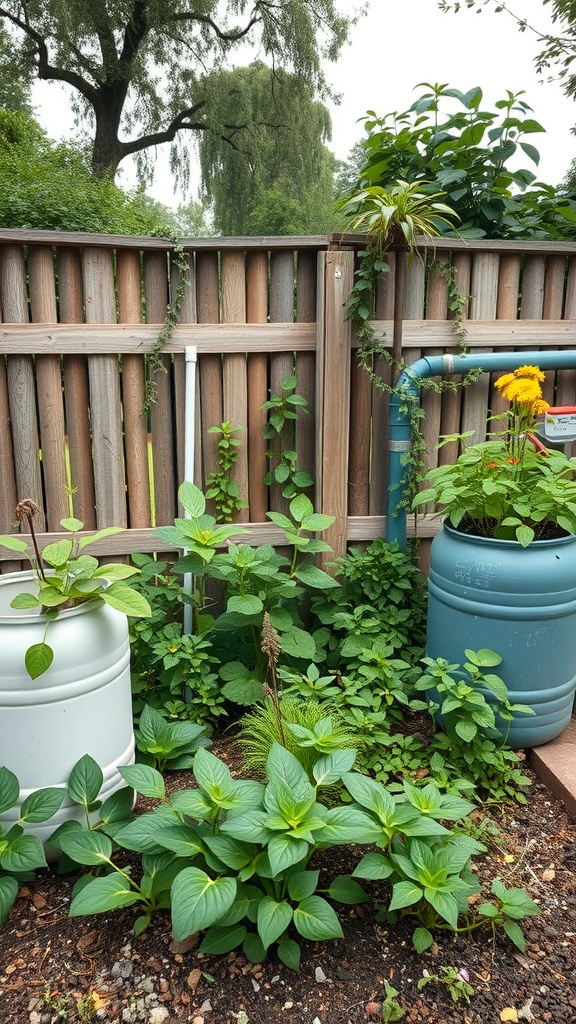 A garden area with rainwater harvesting barrels surrounded by lush green plants.