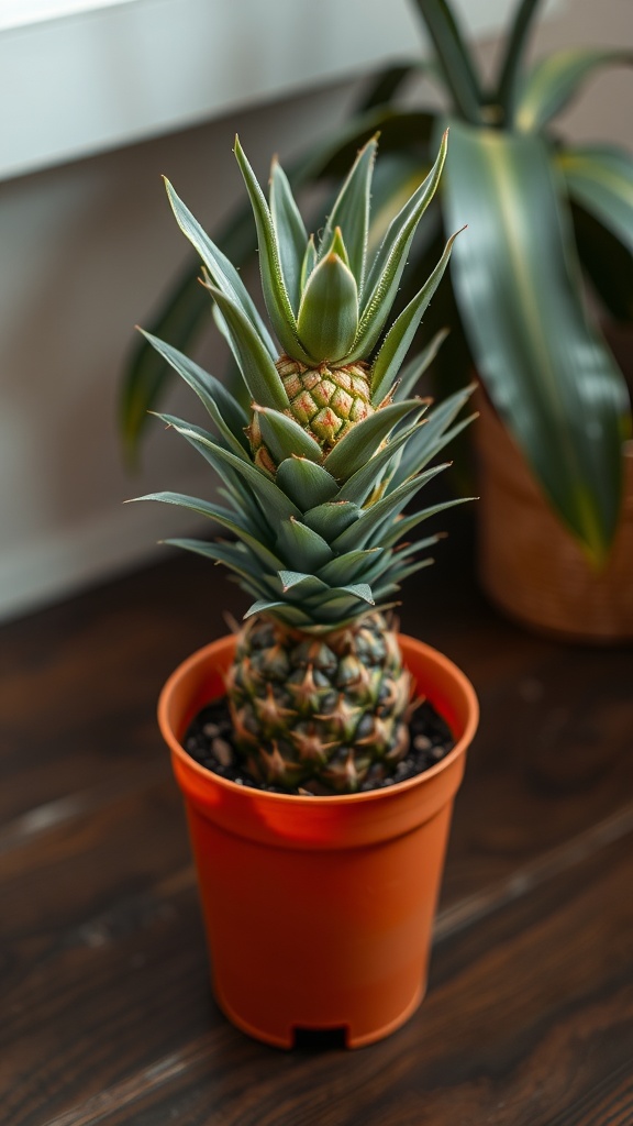 A potted pineapple plant with a small pineapple growing on top.