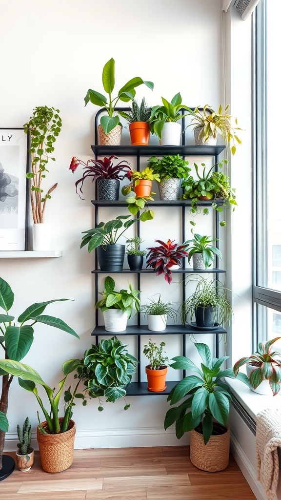 Indoor vertical garden shelf with various potted plants arranged on a black shelf against a wall by a window.