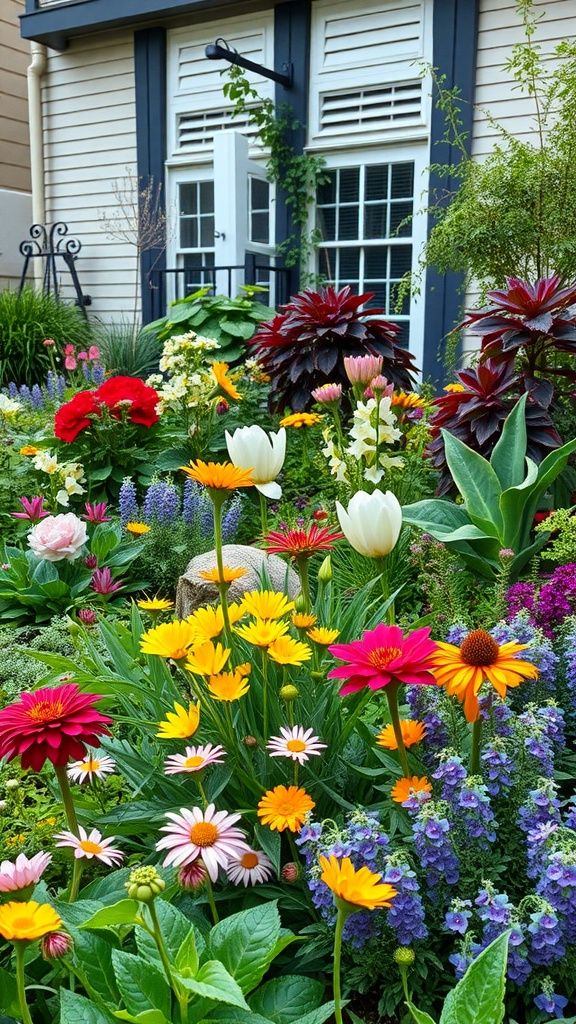 A colorful garden with a mix of flowers and greenery, showcasing an integrated edible landscape.