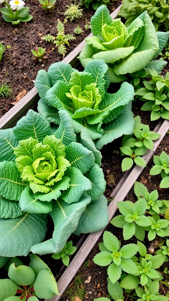 Lush green kale growing in small garden beds