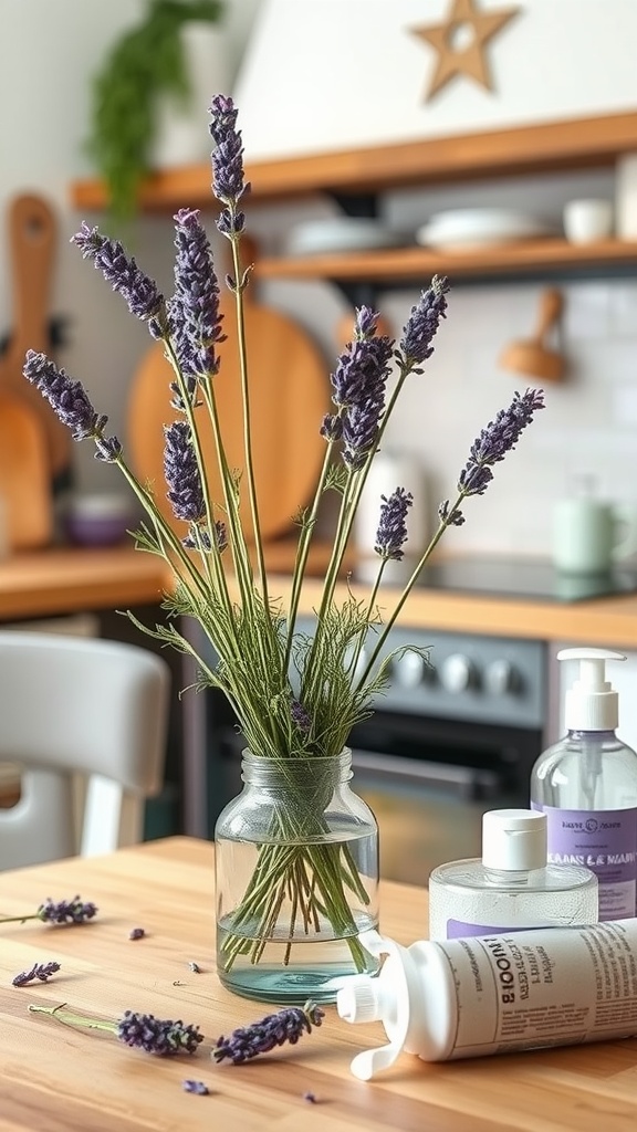 A bouquet of fresh lavender in a glass jar on a wooden table with kitchen items in the background.