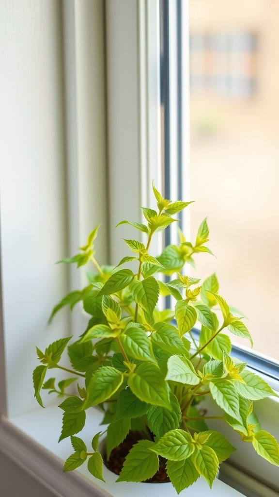 A vibrant lemon balm plant on a windowsill.