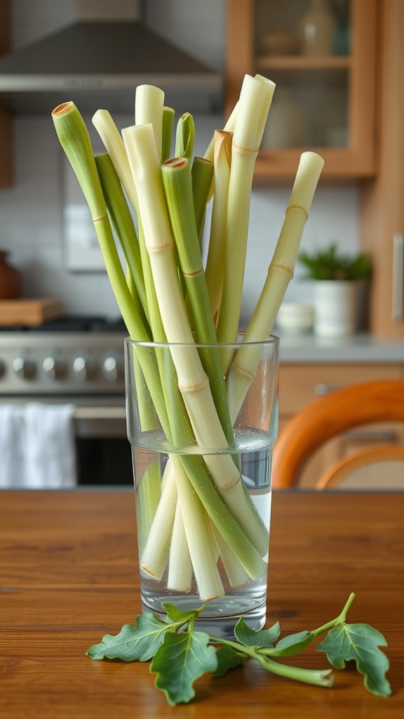 A bunch of fresh lemongrass stalks in a glass of water, with green leaves on a wooden table.