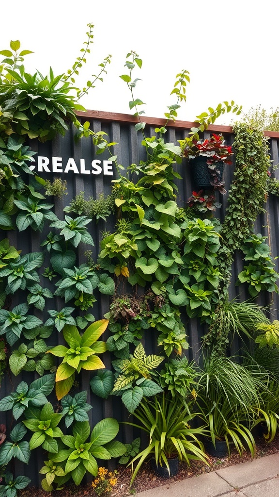 A vertical garden featuring various green plants on a dark background, resembling a living fence.