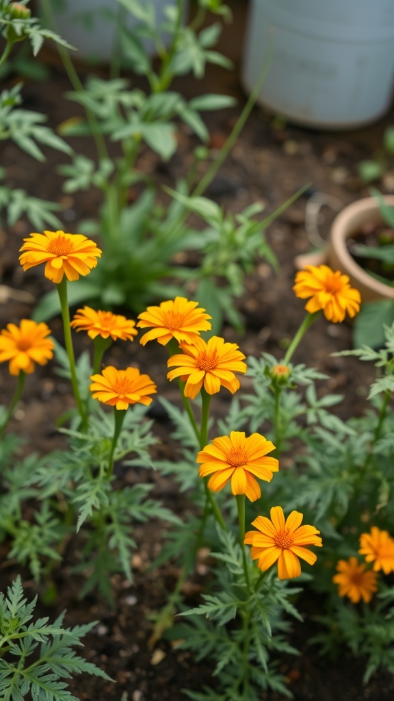 Bright orange marigolds growing in a garden bed