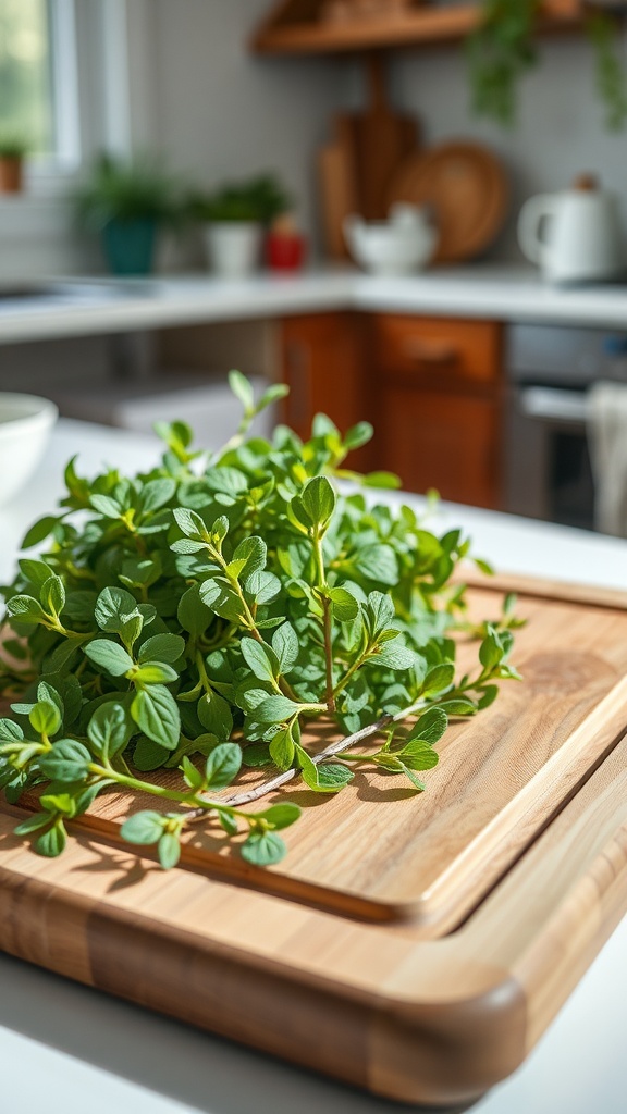 Fresh marjoram leaves on a wooden cutting board in a bright kitchen.