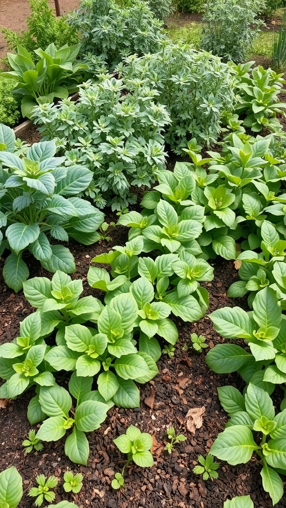 A permaculture garden showcasing interplanting with various leafy plants, maximizing space and biodiversity.