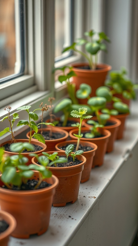 Various small potted plants on a windowsill