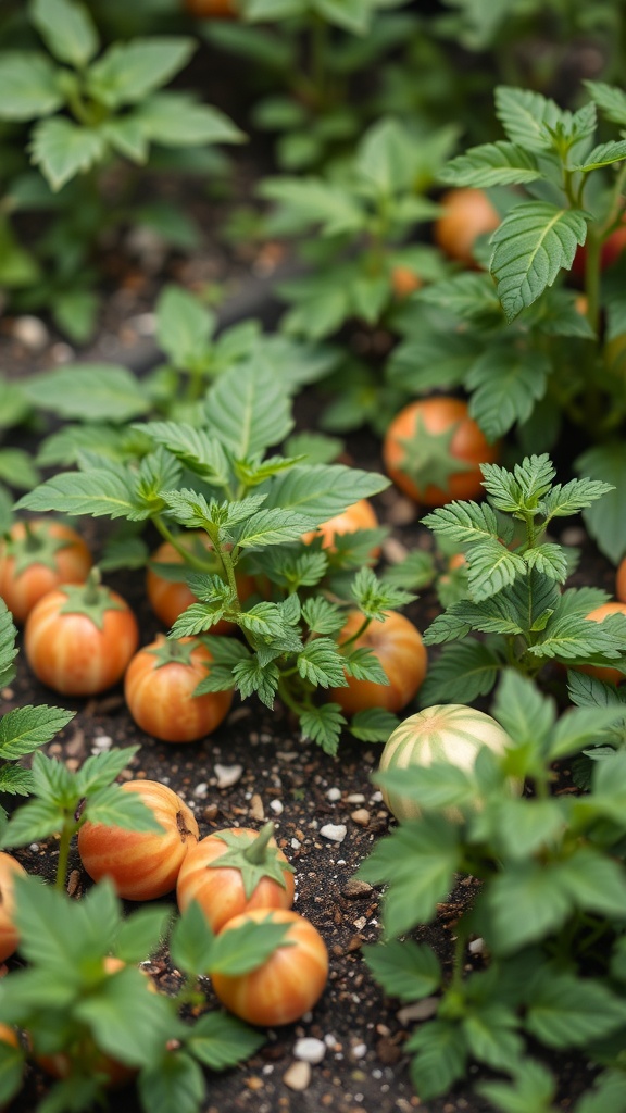 Miniature watermelon plants with small melons peeking through the leaves.