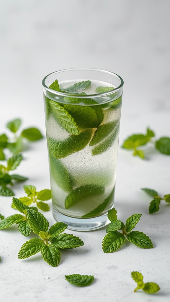 A glass of refreshing mint drink surrounded by fresh mint leaves.