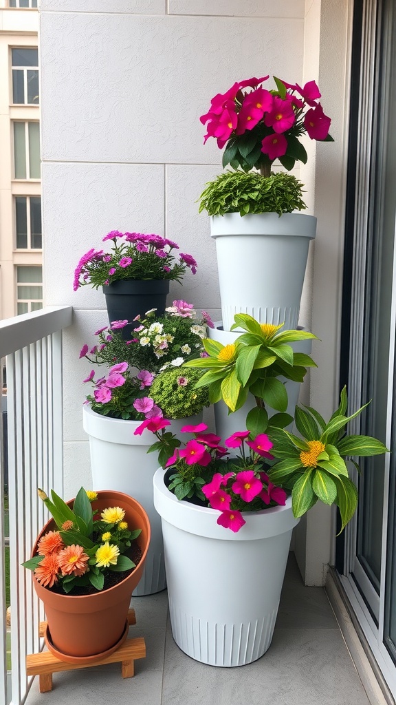 A stacked arrangement of modular vertical planters filled with colorful flowers.