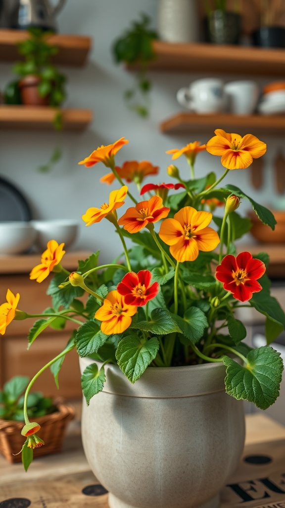 A pot of vibrant orange and yellow nasturtium flowers in a kitchen setting