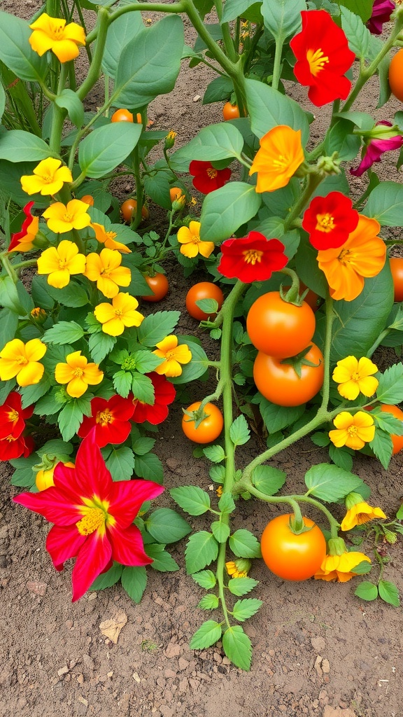 Colorful nasturtiums and orange tomatoes growing together in a garden.