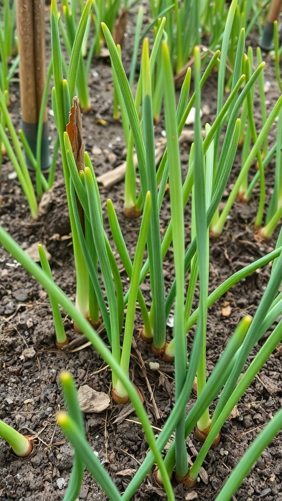 Close-up of young onion plants growing in a garden