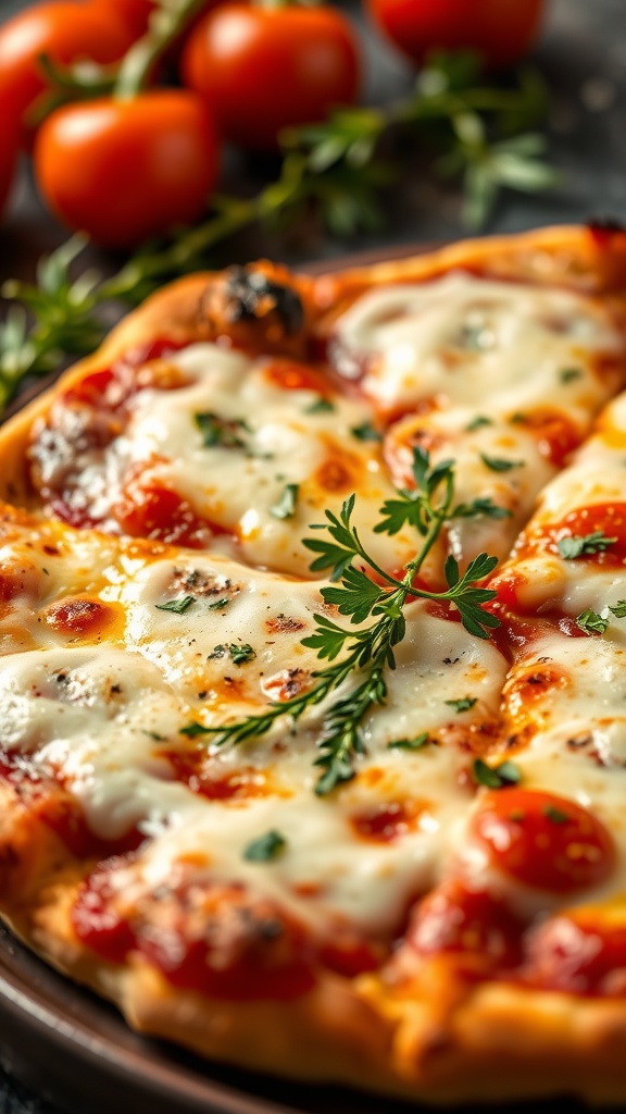 Delicious pizza topped with mozzarella cheese and oregano.