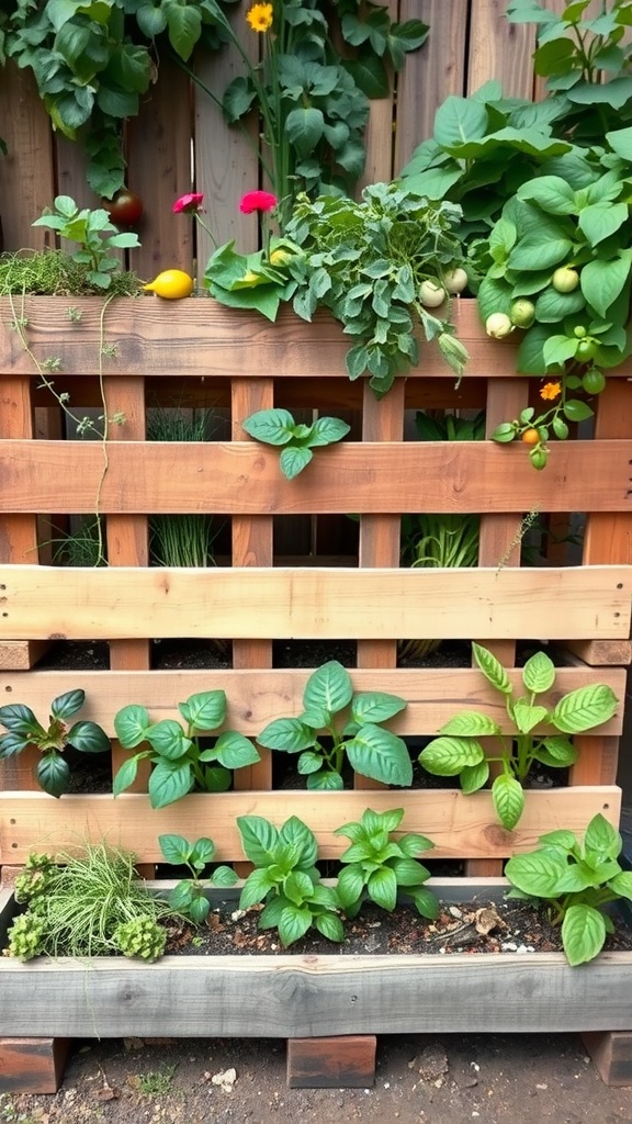 A wooden pallet garden filled with various plants and herbs, showcasing a vertical gardening approach.