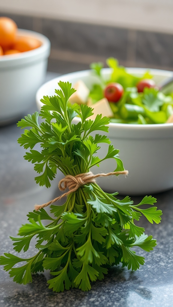 A bundle of fresh parsley tied with twine, placed next to a bowl of salad ingredients.