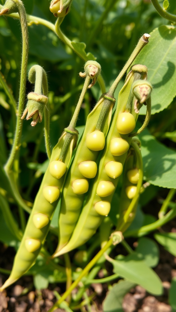 Close-up of pea pods on plants, showing green peas inside