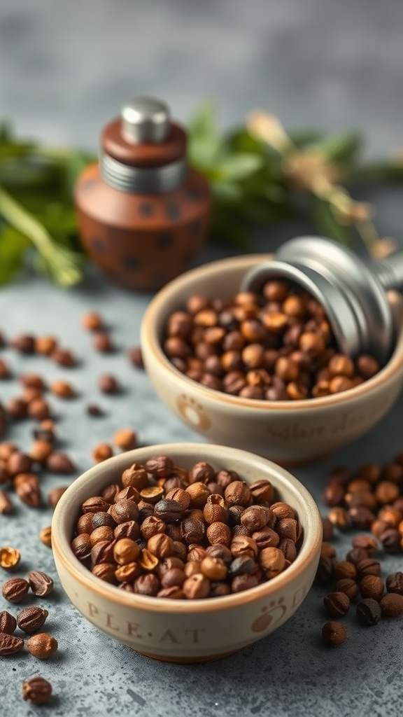 Two bowls of peppercorns with a grinder and herbs in the background.