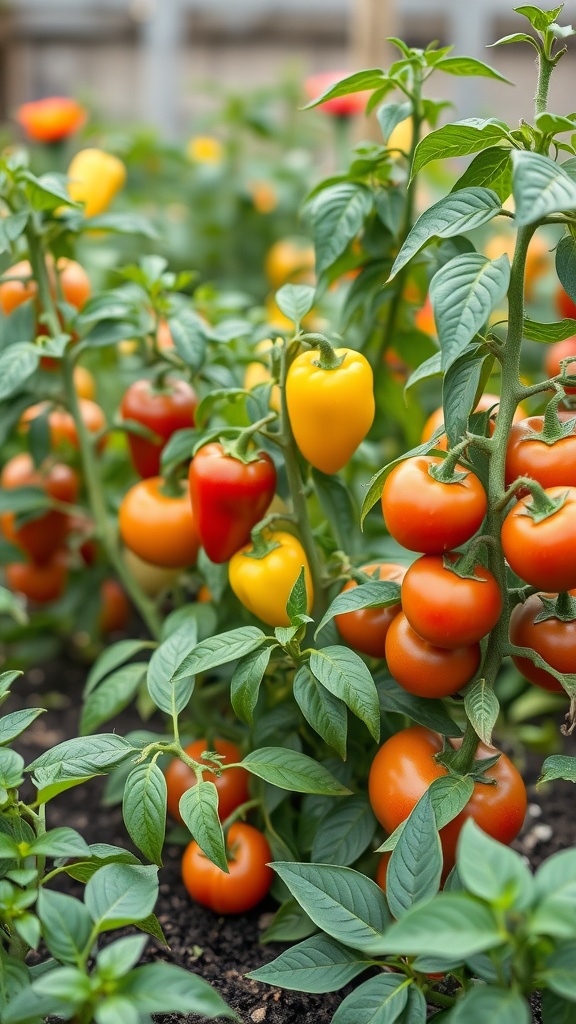 A vibrant garden with red, yellow, and orange peppers growing alongside tomato plants.